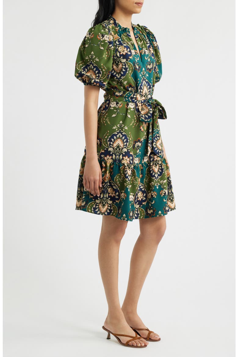 Print Tie Waist Puff Sleeve Dress, Alternate, color, GREEN MULTI