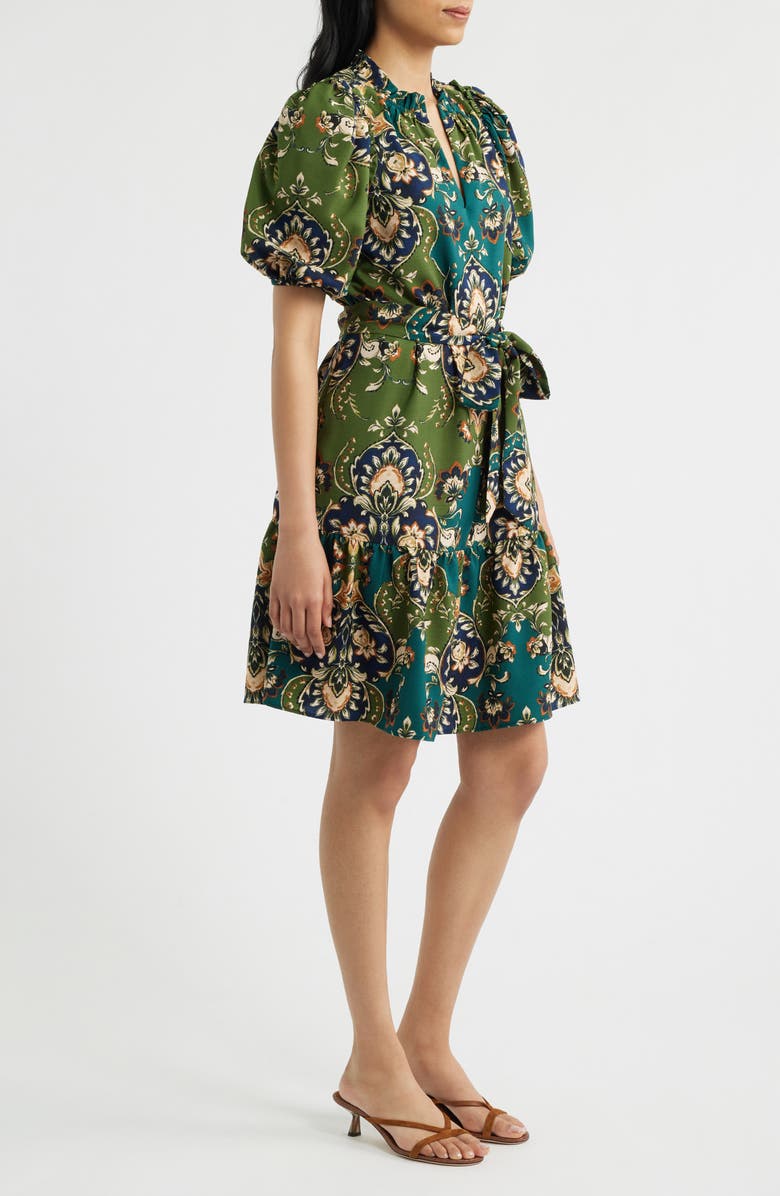 Vince Camuto Print Tie Waist Puff Sleeve Dress, Alternate, color, Green Multi