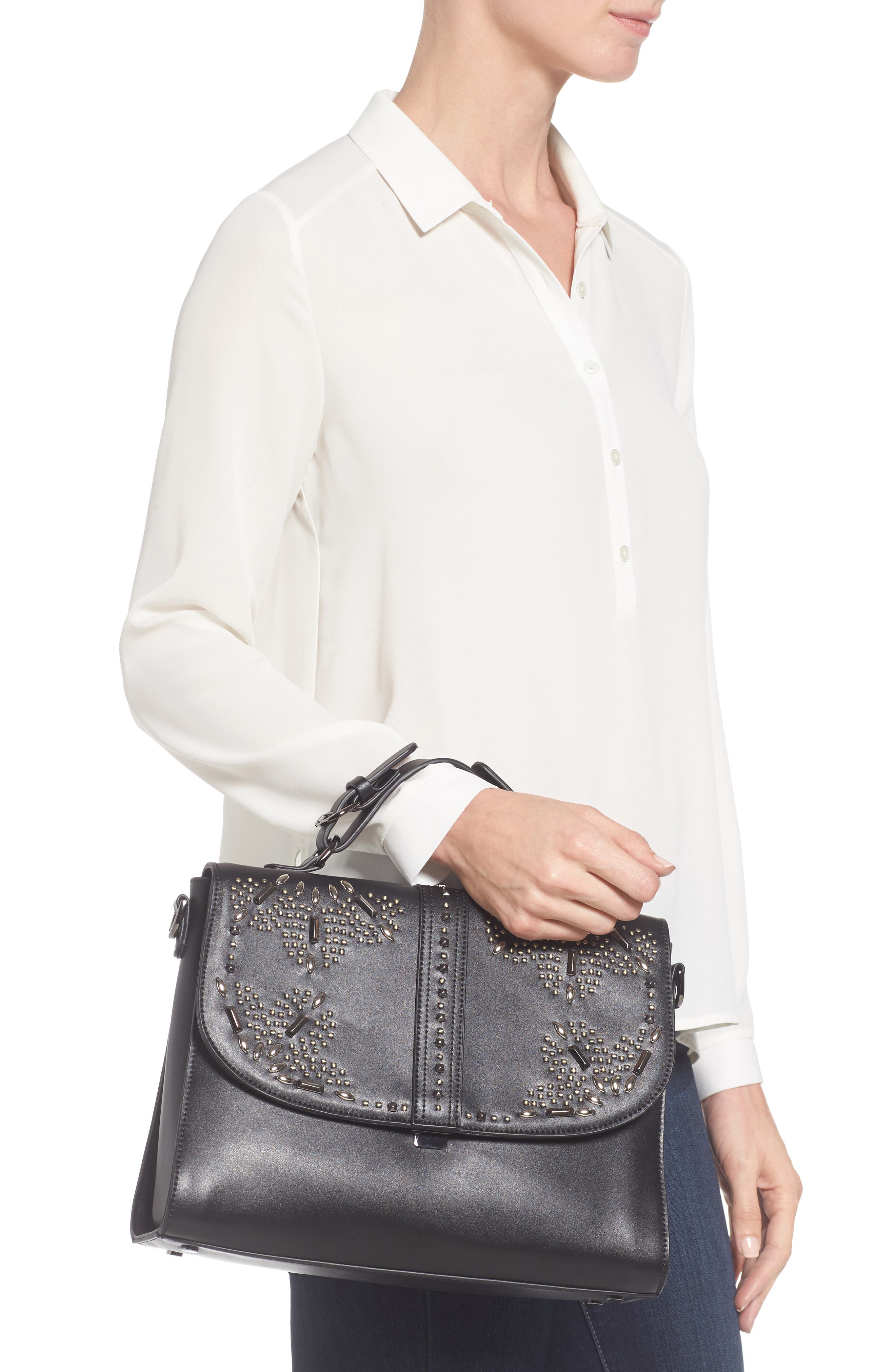 Blair Embellished Faux Leather Top Handle Satchel, Alternate, color, BLACK