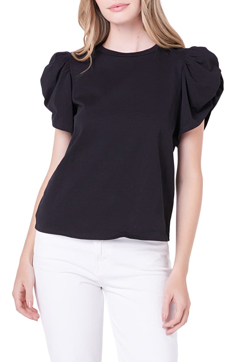 Gathered Sleeve Knit Top, Main, color, BLACK