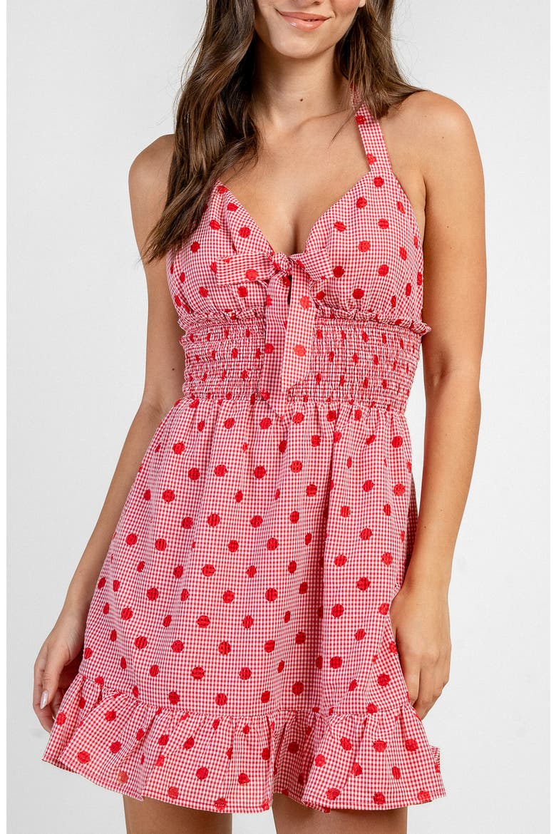 Dot Gingham Cotton Blend Halter Minidress, Alternate, color, RED