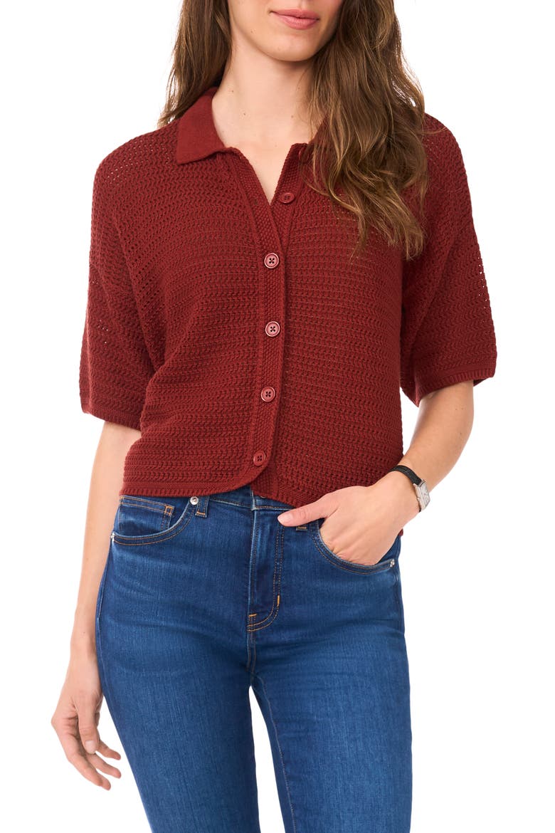 Cotton Short Sleeve Cardigan, Main, color, FIRED BRICK