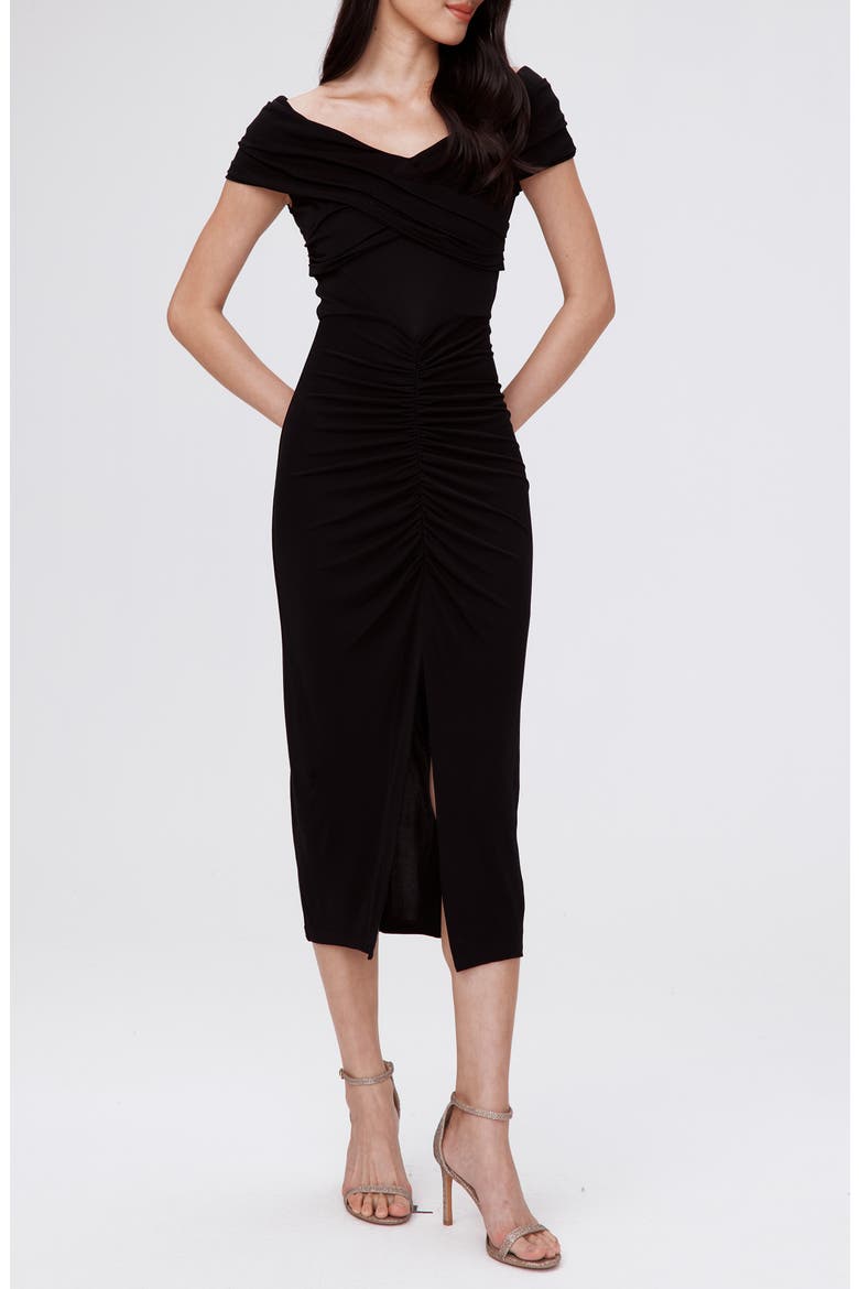 Stephen Portrait Neck Midi Dress, Main, color, BLACK