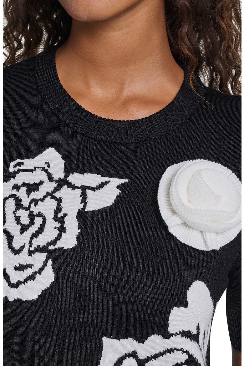 Rose Motif Short Sleeve Sweater, Alternate, color, BLACK/ SOFT WHITE