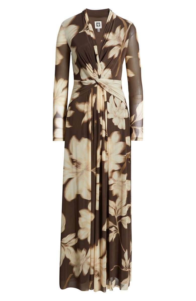 Anne Klein Floral Print Long Sleeve Maxi Dress, Main, color, Molasses Multi