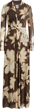 Anne Klein Floral Print Long Sleeve Maxi Dress