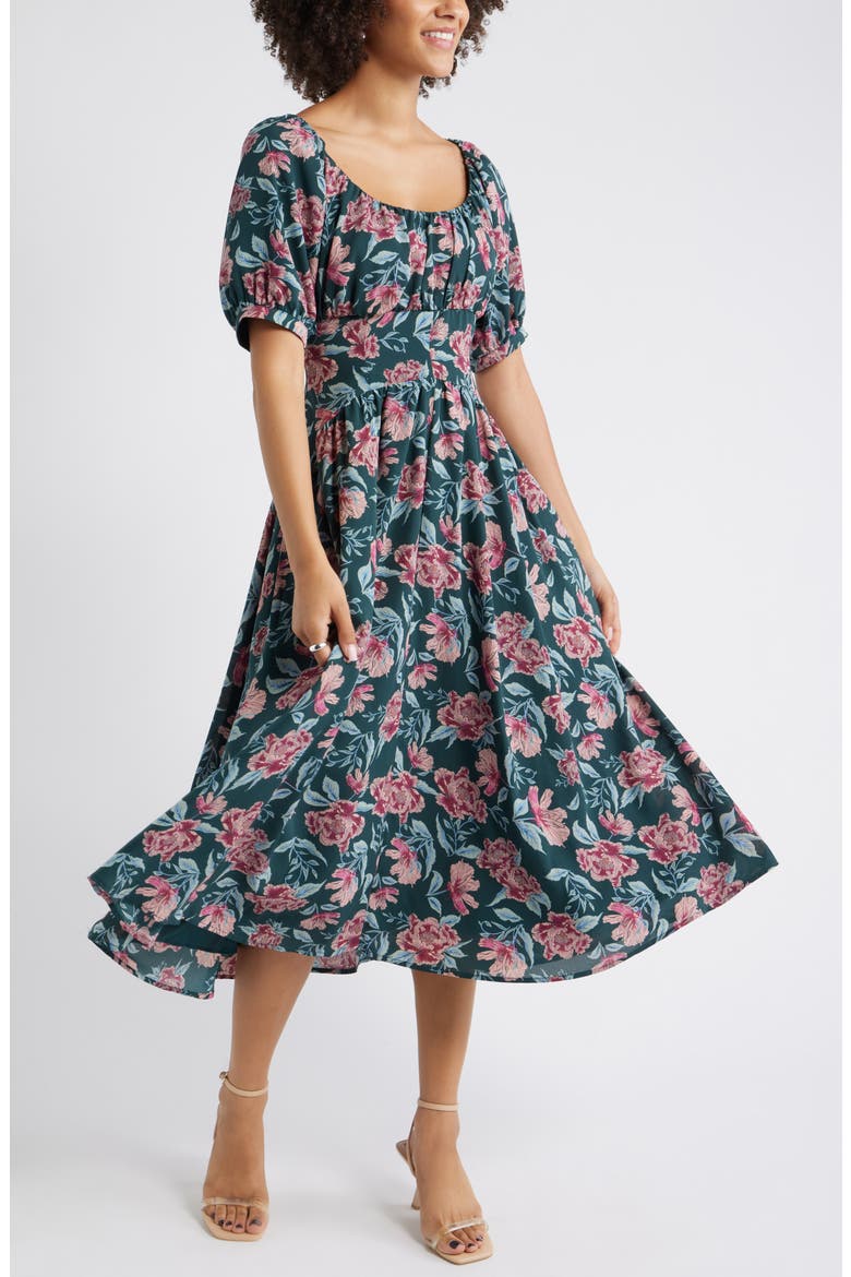 Floral Fit & Flare Midi Dress, Alternate, color, GREEN FRANNIE FLORAL