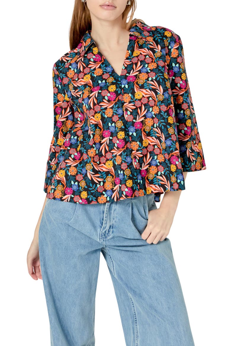 Floral Cotton Popover Shirt, Main, color, BLACK MULTI