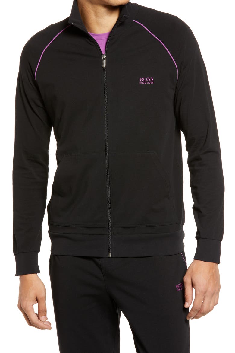 HUGO BOSS Zip Front Stretch Cotton Sweatshirt, Alternate, color, BLACK