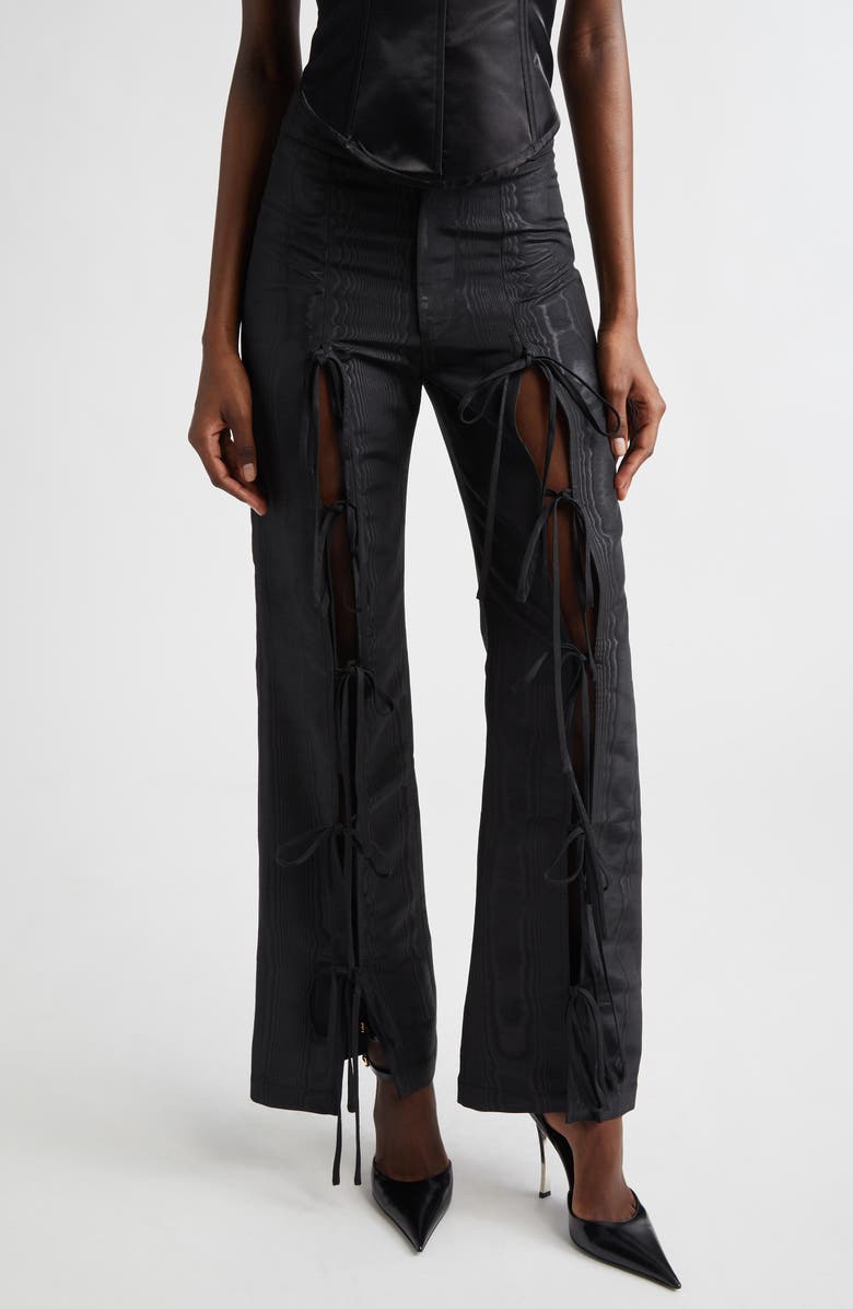 KIM SHUI Colton Moiré Tie Leg Flare Pants, Main, color, Black