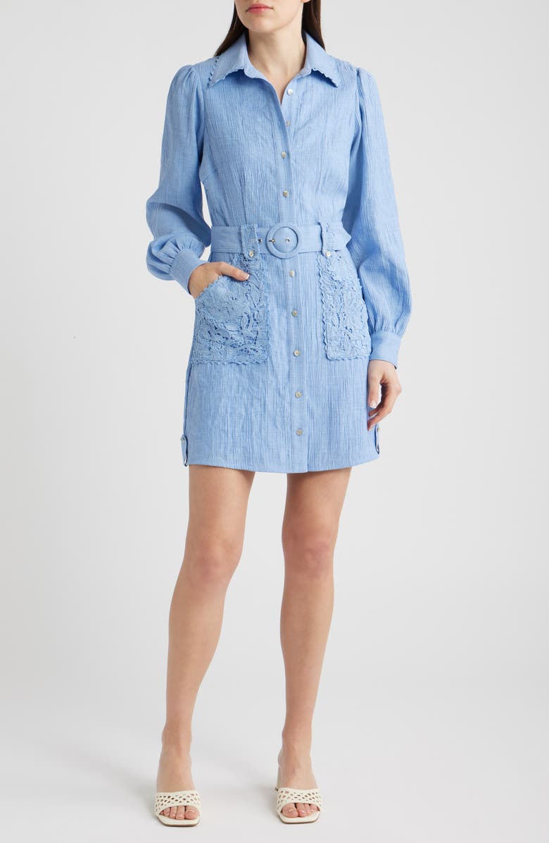 CIEBON Vivian Lace Trim Shirtdress, Main, color, Blue
