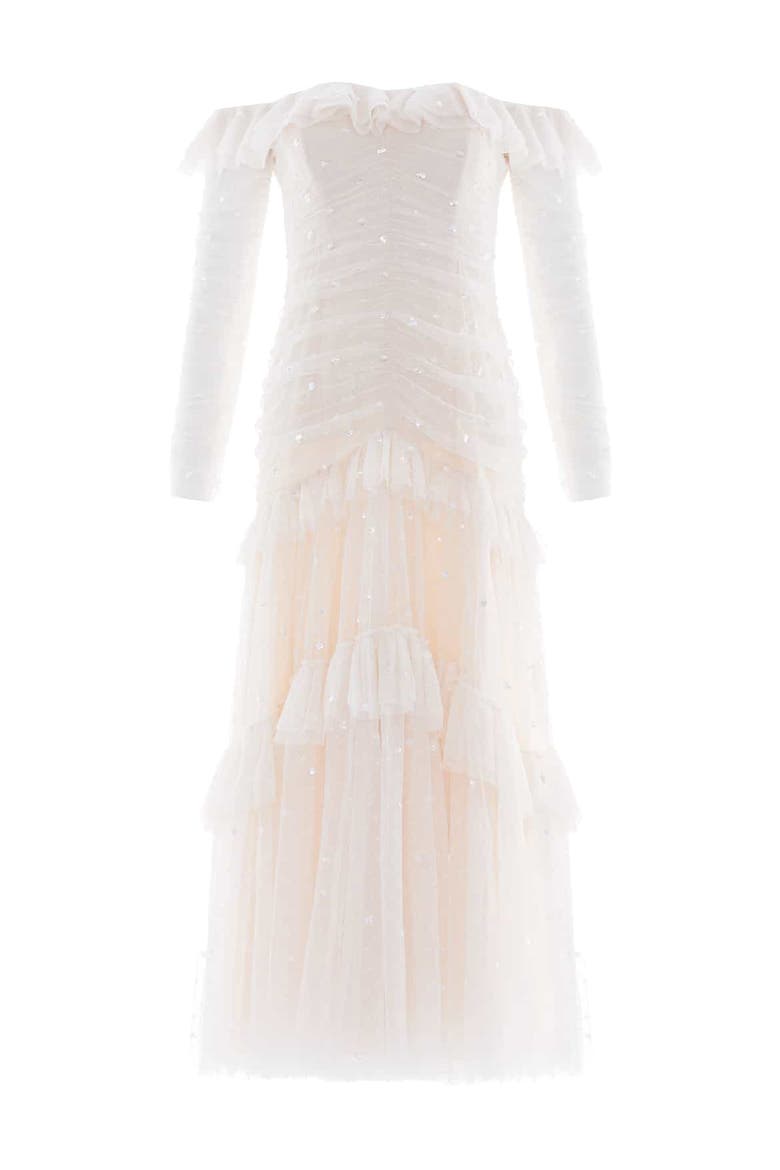 Sequin Glimmer Rouched Off-shoulder Gown, Alternate, color, Cream