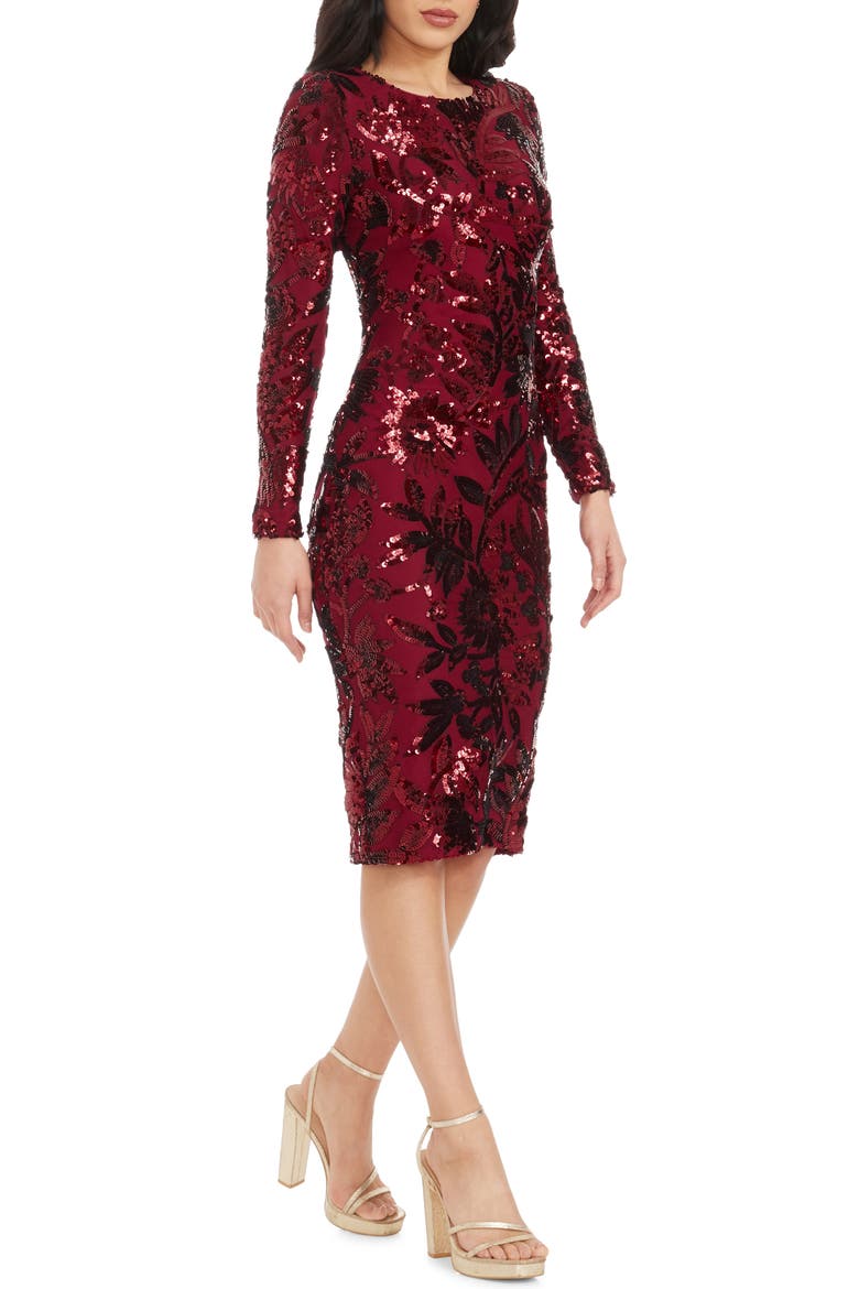 Emmalyn Floral Sequin Long Sleeve Body-Con Cocktail Dress, Alternate, color, PORT
