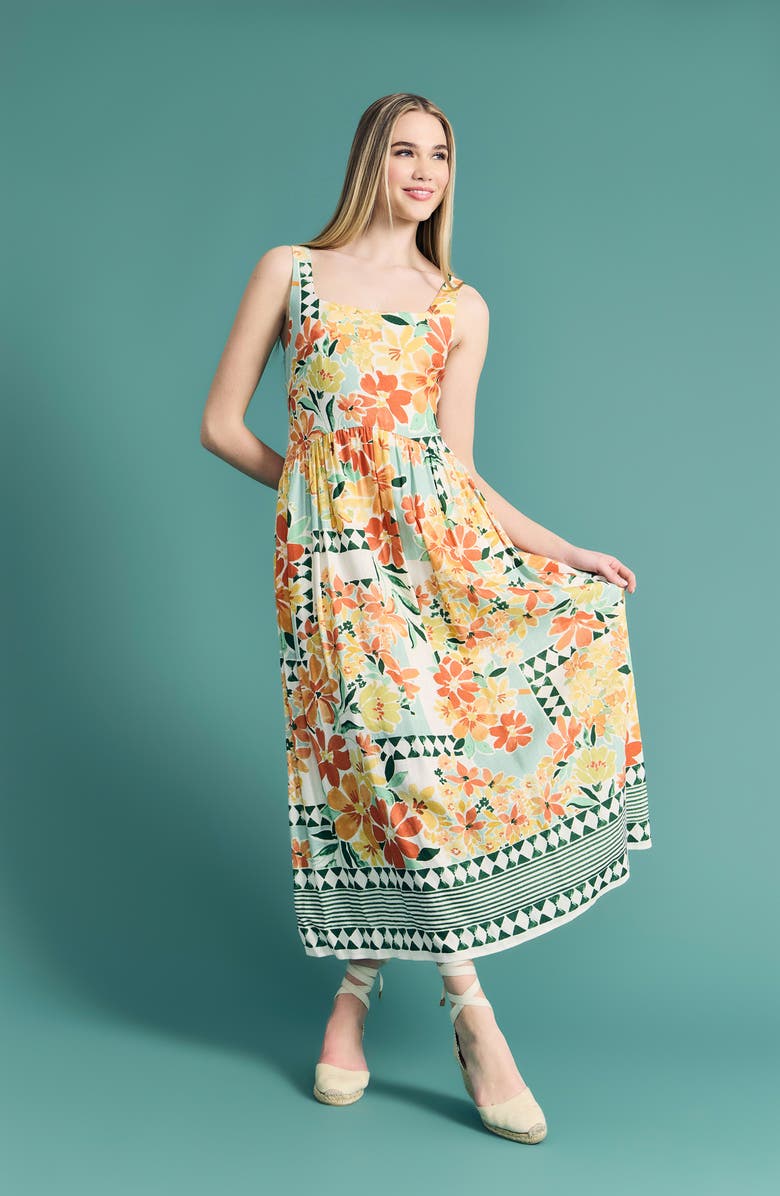 Maggy London Floral Print Maxi Sundress, Alternate, color, Soft White/ Tangerine Tango