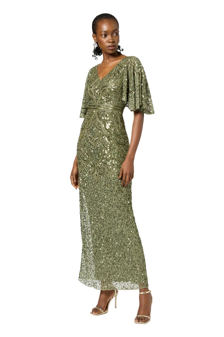 Occasion Embellished Sequin Beaded V Neck With Short Sleeves Evening Dress, Alternate, color, OLIVE