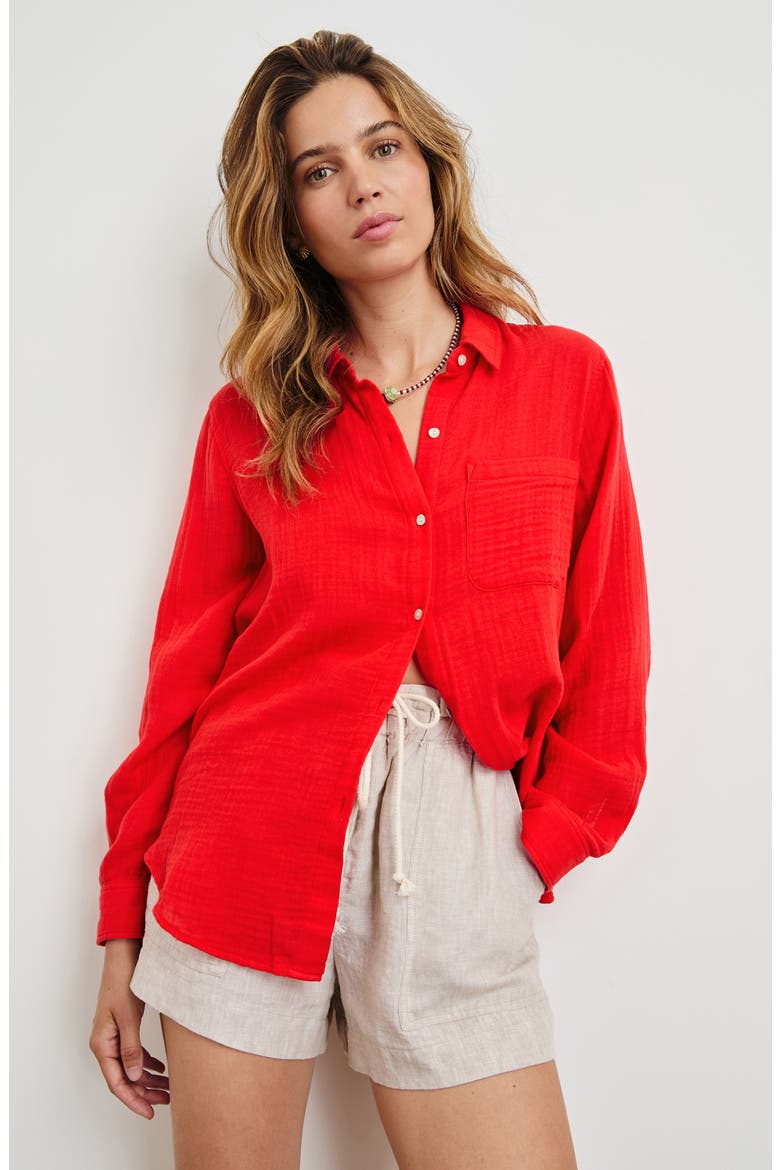 Ellis Organic Cotton Gauze Button-Up Shirt, Alternate, color, CHERRY