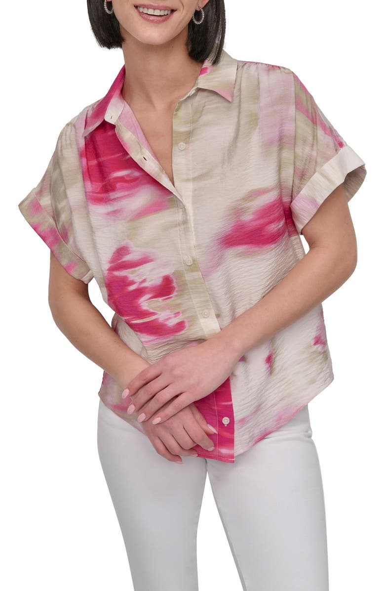 DKNY Abstract Print Textured Short Sleeve Button-Up Shirt, Main, color, May Watercolor