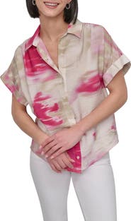 DKNY Abstract Print Textured Short Sleeve Button-Up Shirt