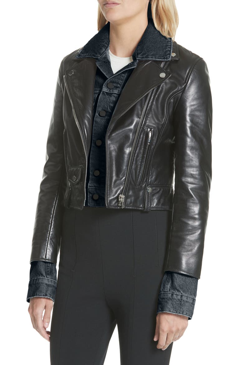 Denim & Leather Layered Jacket (Nordstrom Exclusive), Alternate, color, BLACK