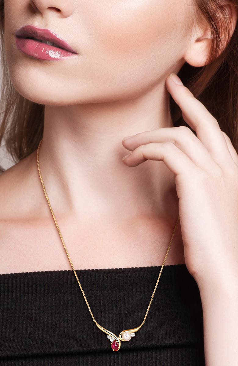 DELMAR 6-6.5mm Cultured Freshwater Pearl with Created Ruby and White Sapphire Necklace, Alternate, color, Red