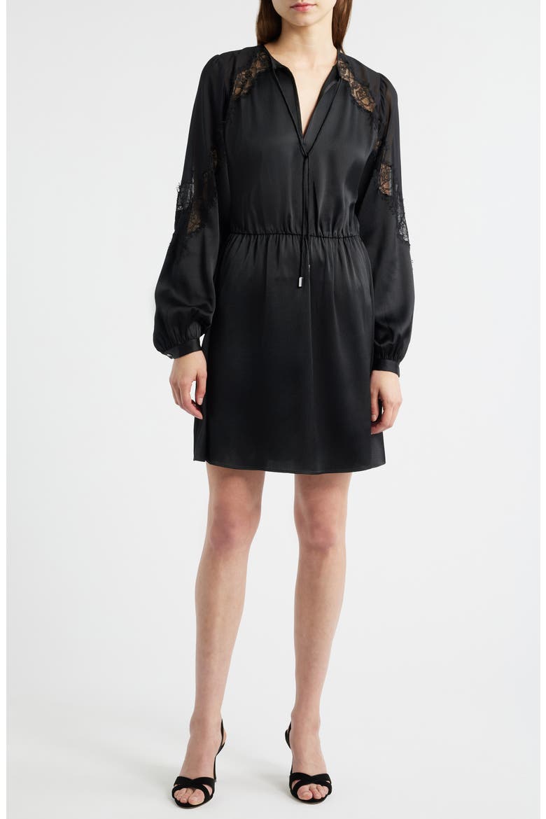 Dlassys Long Sleeve Satin & Lace Dress, Main, color, BLK