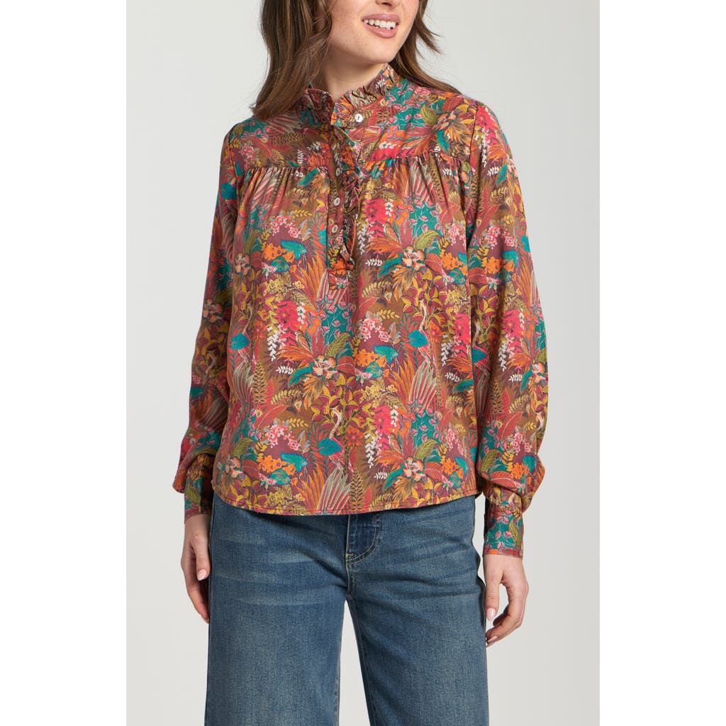 Apny Ruffle Half Placket Blouse In Wine In Burgundy