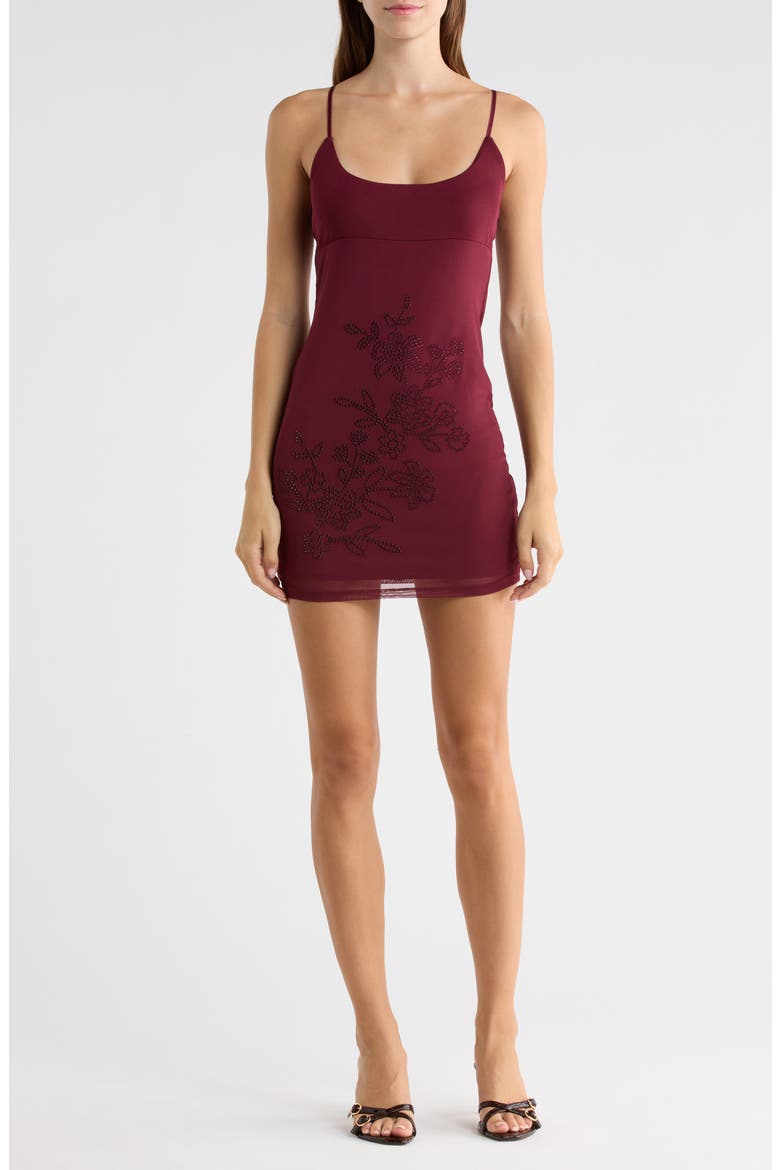 Rhinestone Floral Scoop Neck Minidress, Main, color, BURGUNDY