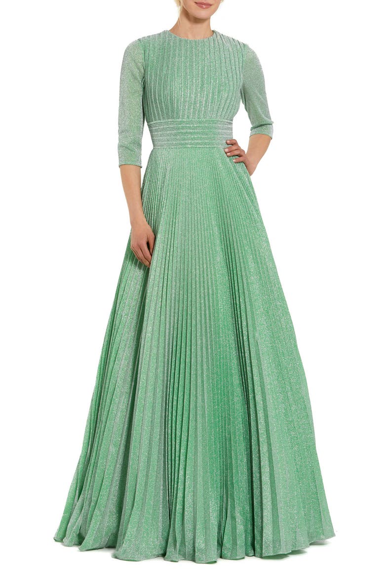 Shimmering Georgette Pleated 3/4 Sleeve Gown, Main, color, Sage