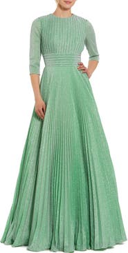 Mac Duggal Shimmering Georgette Pleated 3/4 Sleeve Gown