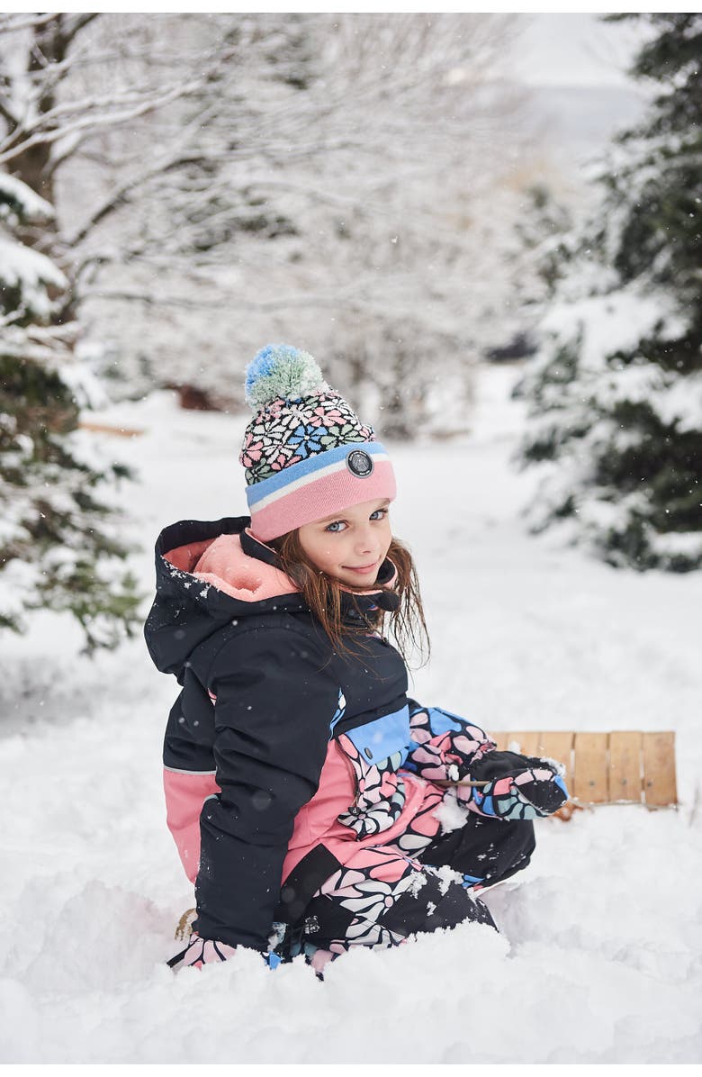 Deux par Deux Girl's Knit Hat Blue, Pink And White Retro Flowers, Alternate, color, Flowers Jacquard