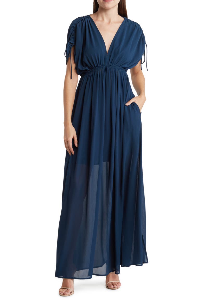Ruched Sleeve Maxi Dress, Main, color, TEAL