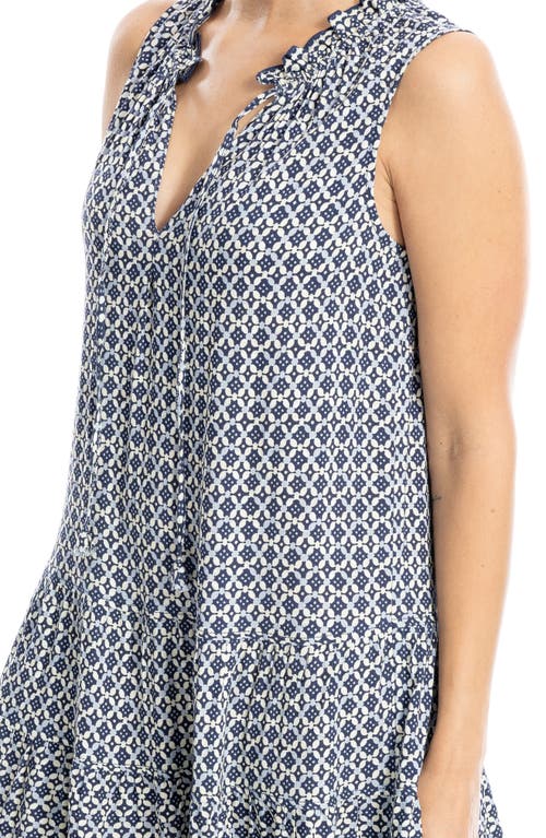 Max Studio Floral Split Neck Tiered Dress In Navy/cream