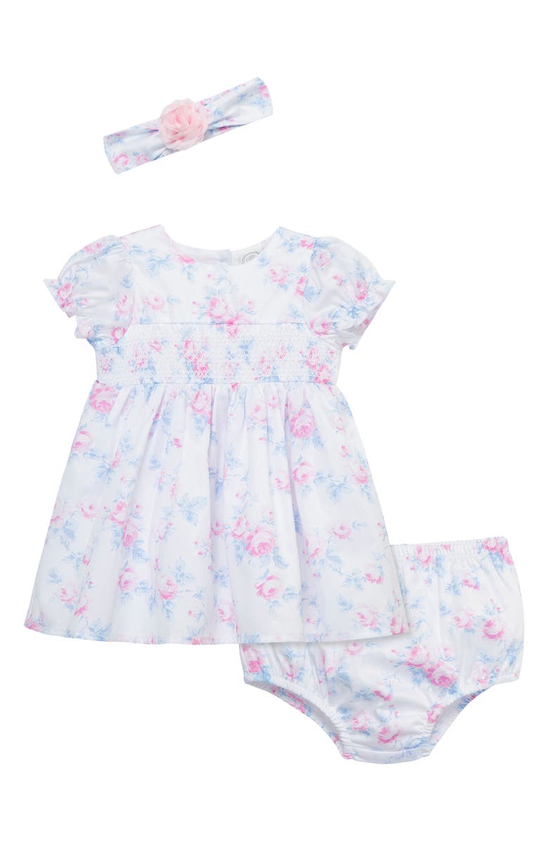 Little Me Roses Smocked Puff Sleeve Party Dress, Bloomers & Headband Set, Main, color, Rose