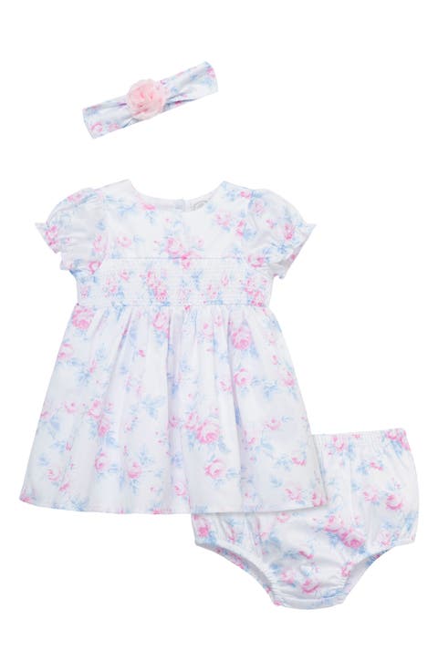 Roses Smocked Puff Sleeve Party Dress, Bloomers & Headband Set (Baby)