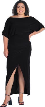 24seven Comfort Apparel Boat Neck Batwing Sleeve Slit Maxi Dress