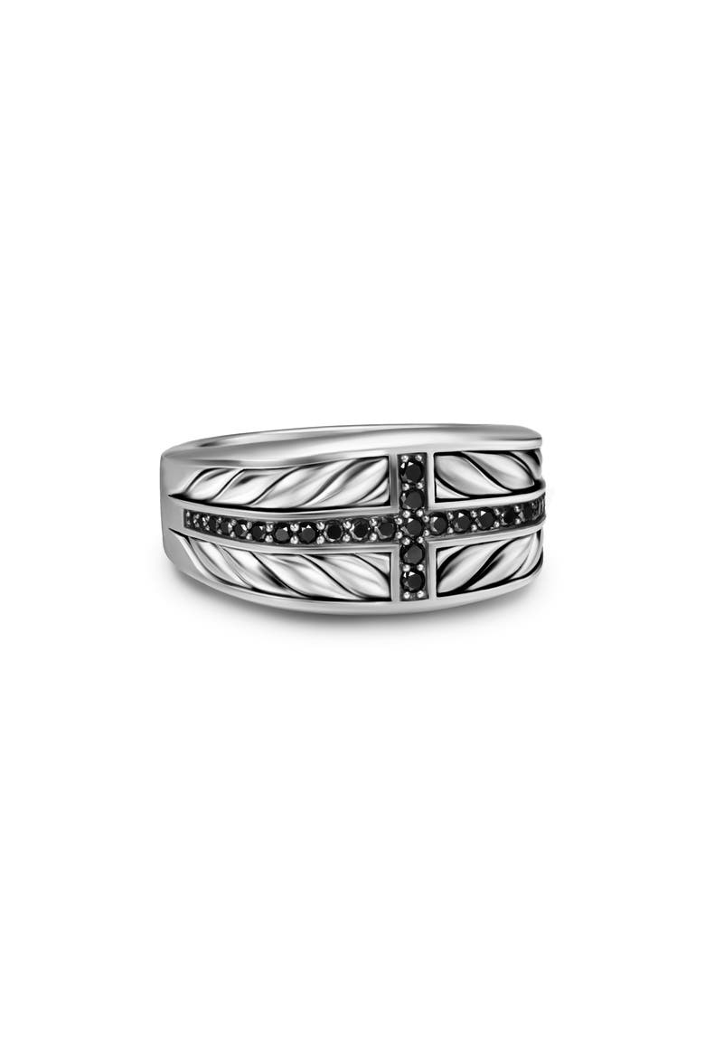 Chevron Three Sided Signet Ring, Sterling Silver with Black Diamonds, 12.5mm, Main, color, SILVER PAVE
