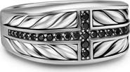 David Yurman Chevron Three Sided Signet Ring, Sterling Silver with Black Diamonds, 12.5mm