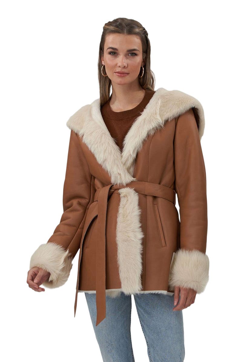 GORSKI Genuine Shearling Jacket With Trim, Alternate, color, Camel/White