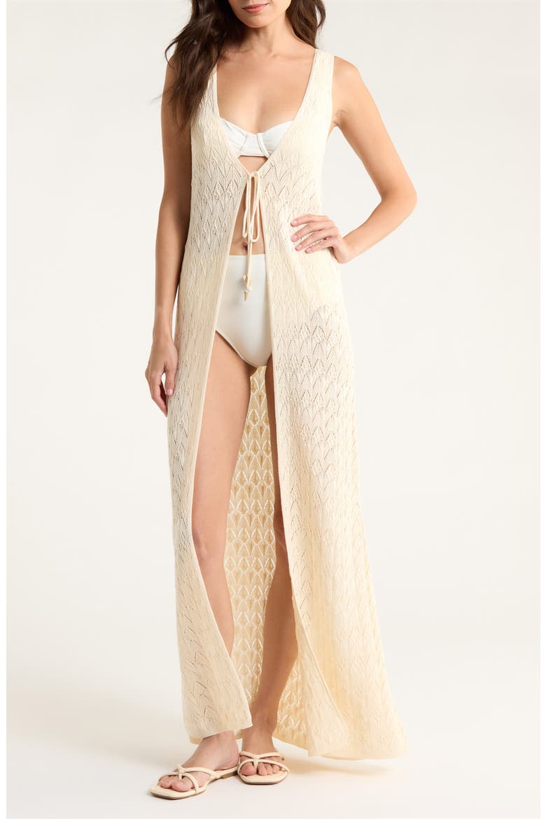 Sleeveless Tie Front Pointelle Cover-Up, Main, color, NATURAL