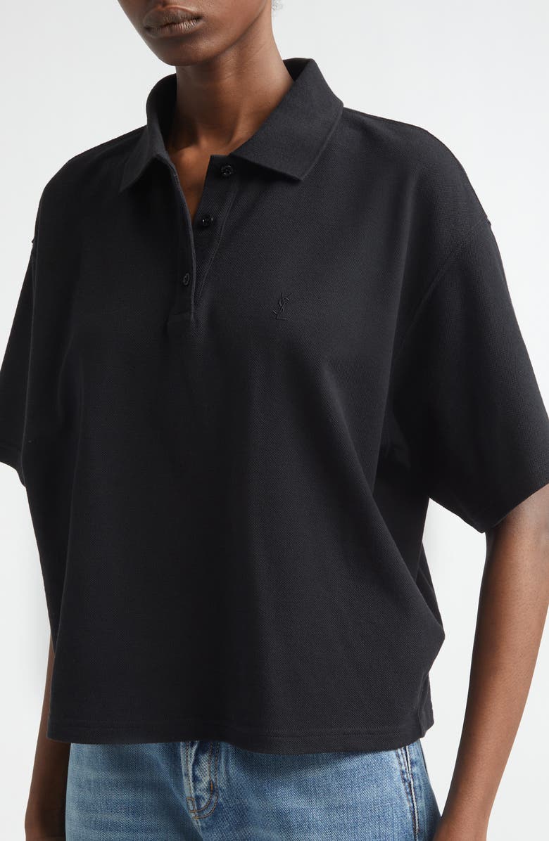 Saint Laurent Oversize Cotton Blend Piqué Polo, Alternate, color, Noir