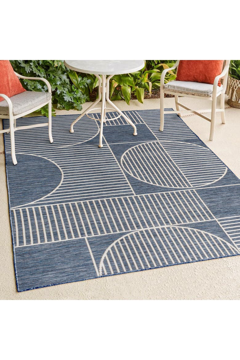 Arielle Mid-Century Modern Geometric Lines Reversible Machine-Washable Indoor/Outdoor Area Rug, Alternate, color, Navy/Cream