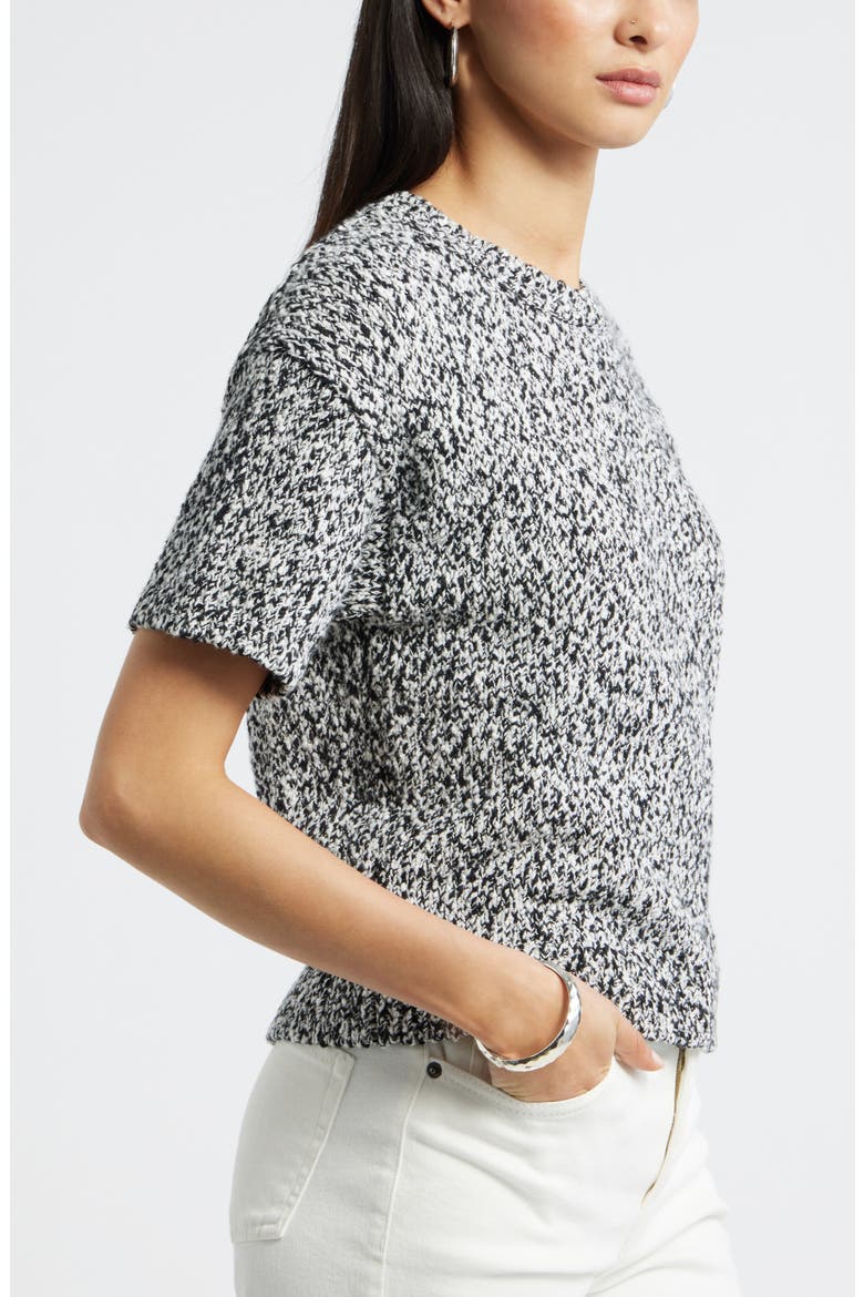 Marled Knit Short Sleeve Sweater, Alternate, color, BLACK-IVORY MARL