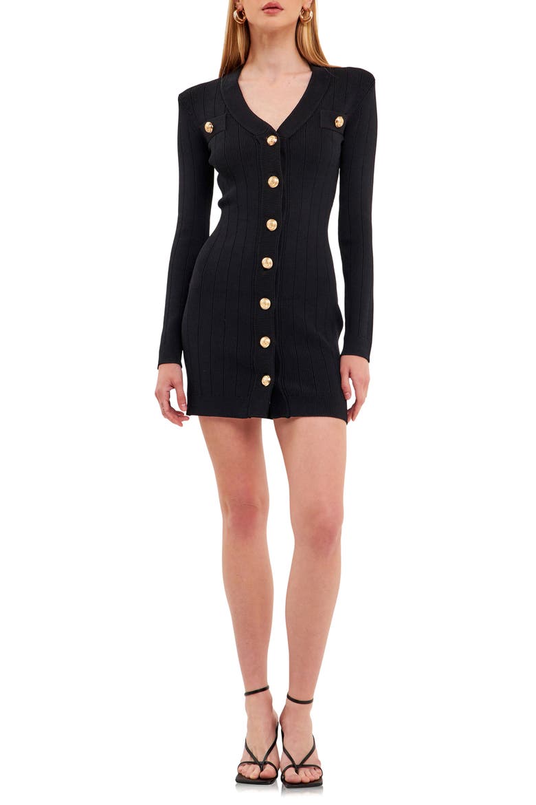Padded Shoulder Long Sleeve Button-Up Sweater Minidress, Main, color, BLACK