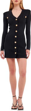 Endless Rose Padded Shoulder Long Sleeve Button-Up Sweater Minidress