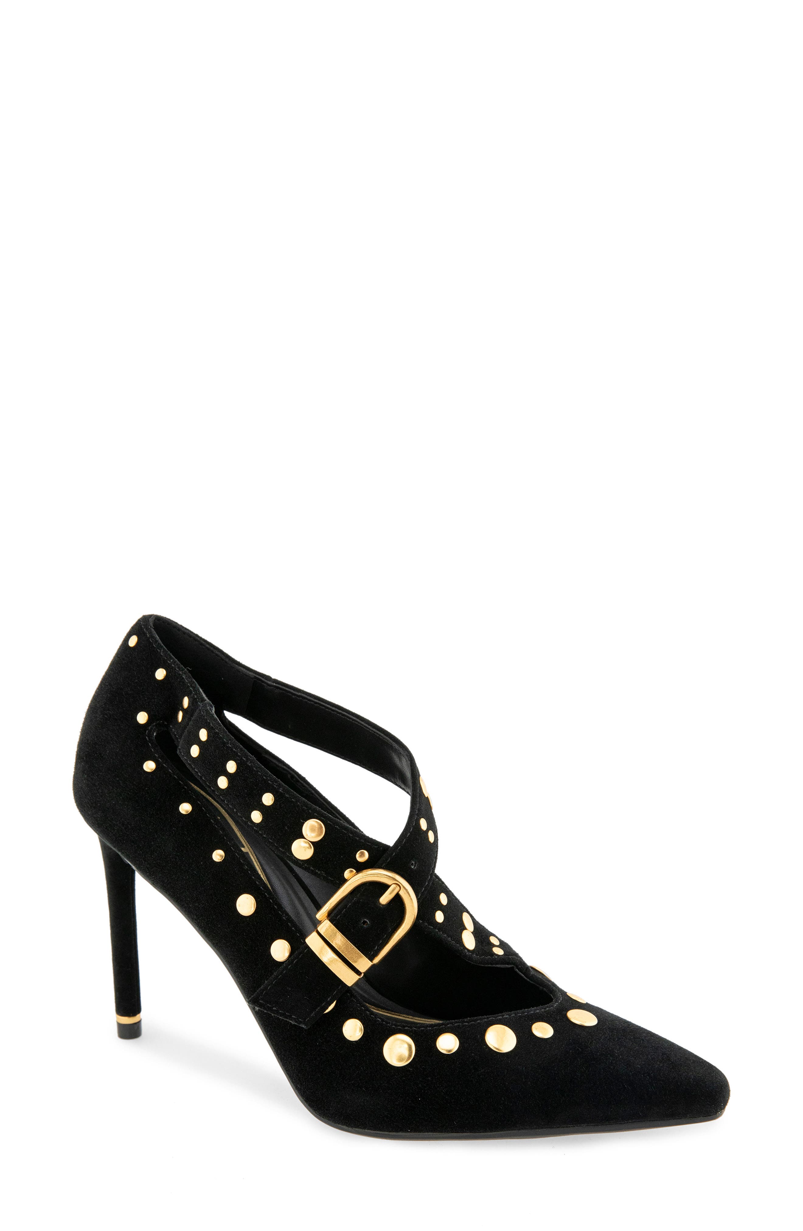 Qupid Stud Pump, Main, color, BLACK SUEDE