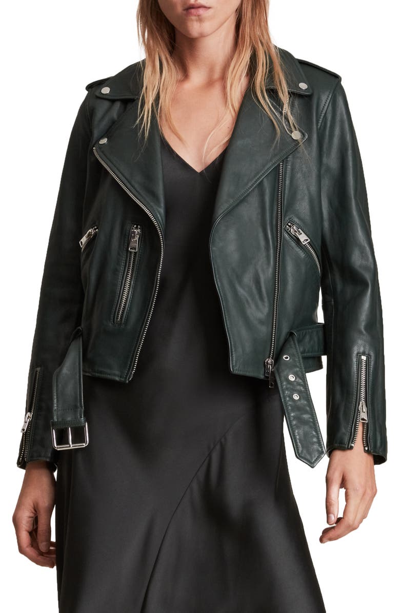 AllSaints Balfern Leather Biker Jacket, Main, color, Green Skies
