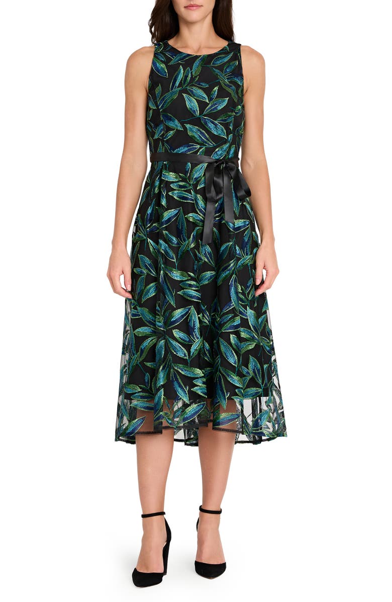Tahari ASL Embroidered Midi Dress, Main, color, Black Jewl Teal