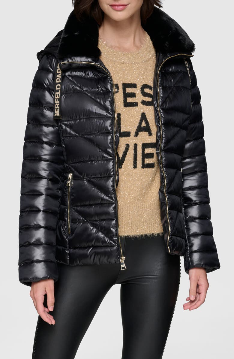 KARL LAGERFELD PARIS Faux Fur Collar Quilted Puffer Jacket, Main, color, 