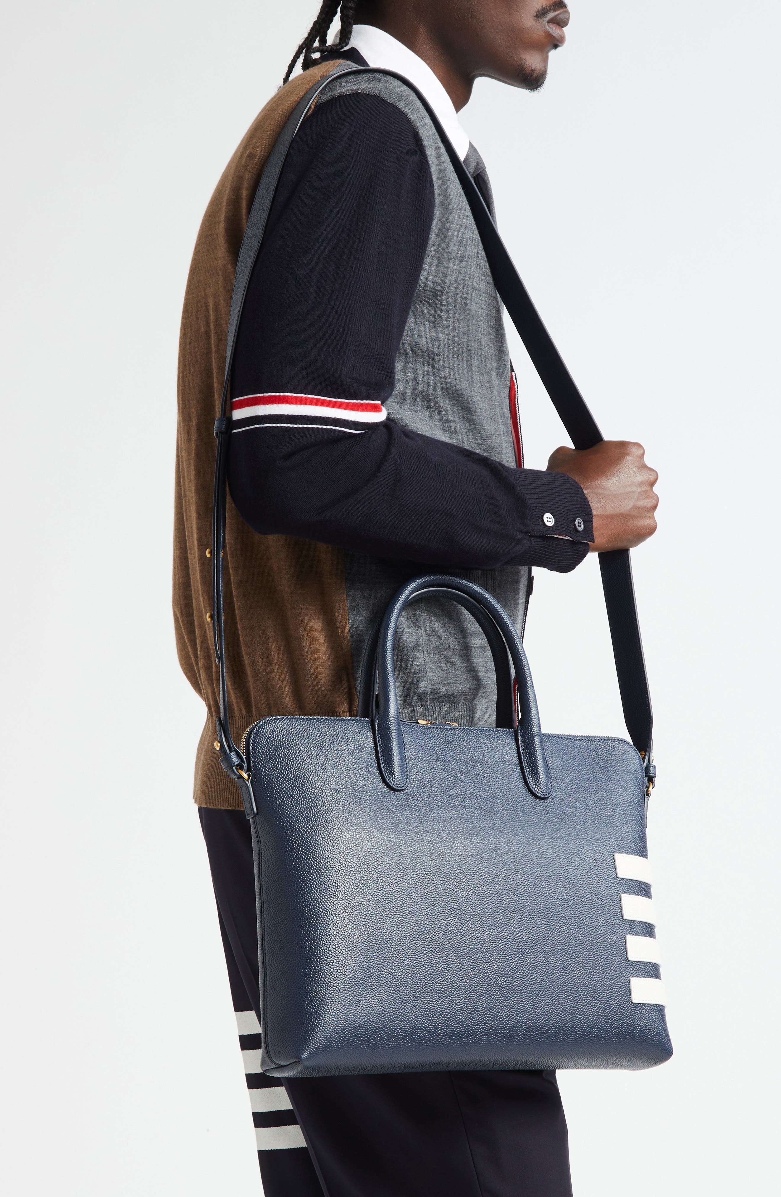 Slim 4-Bar Leather Briefcase, Alternate, color, NAVY