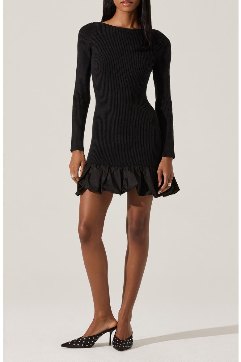 Carlene Long Sleeve Mixed Media Bubble Hem Minidress, Main, color, BLACK